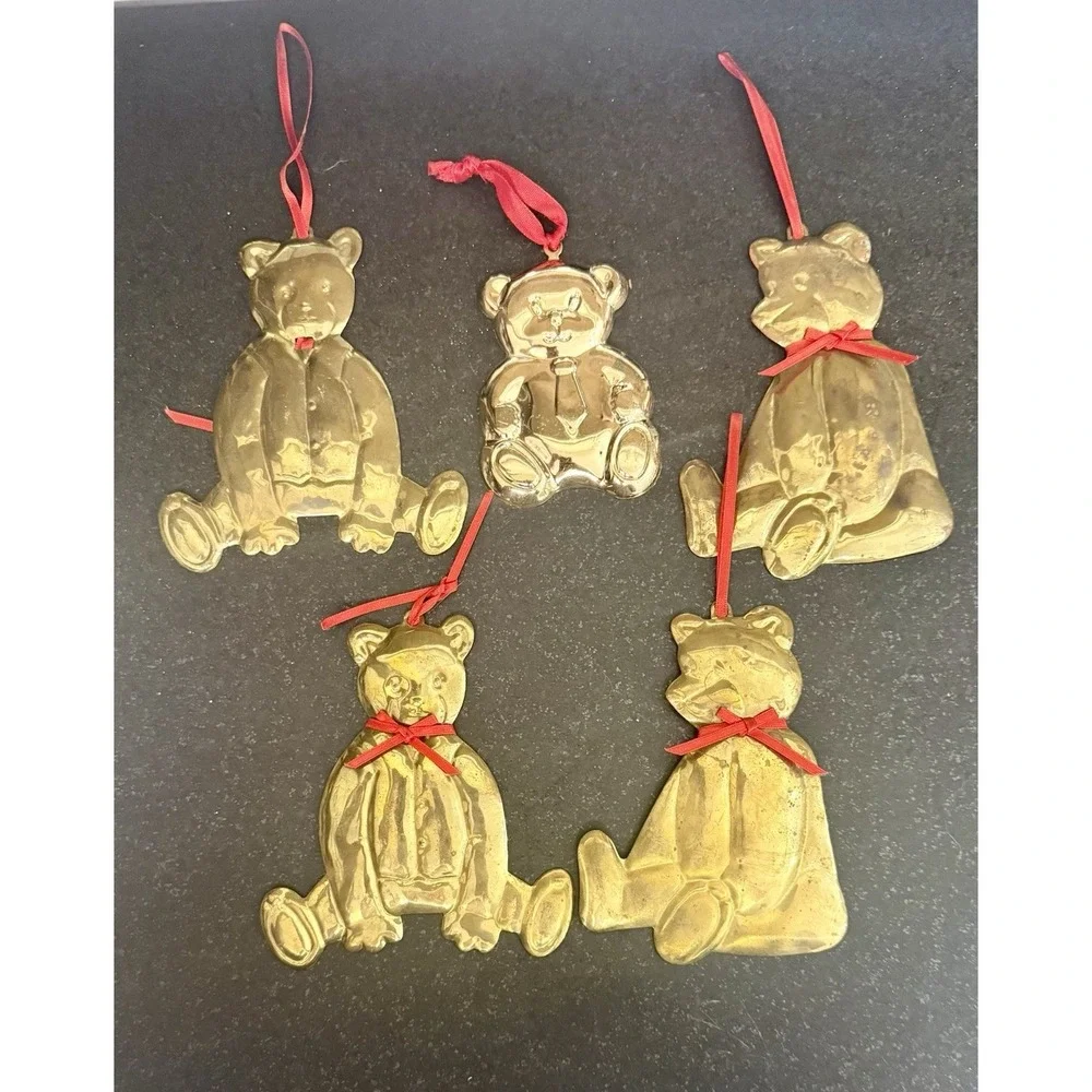 Lot Of 5 Vintage Department 56 Brass Teddy Bear Christmas Ornament Hanger 1984
